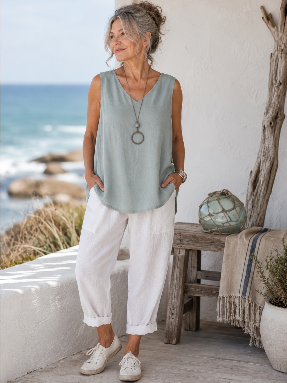 MATCH POINT V NECK LINEN COASTAL BREEZY TANK TOP SZ XL